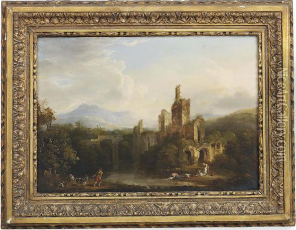 A View Of A Castle With Figures Washing Sheets And A Goat Herder On A River Bank Oil Painting - William Traies
