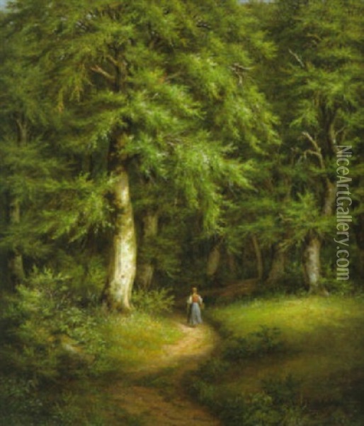 Junge Frau Mit Weidenkorb Am Eingang Des Waldes Oil Painting - Johann Ludwig Gebhard Lund