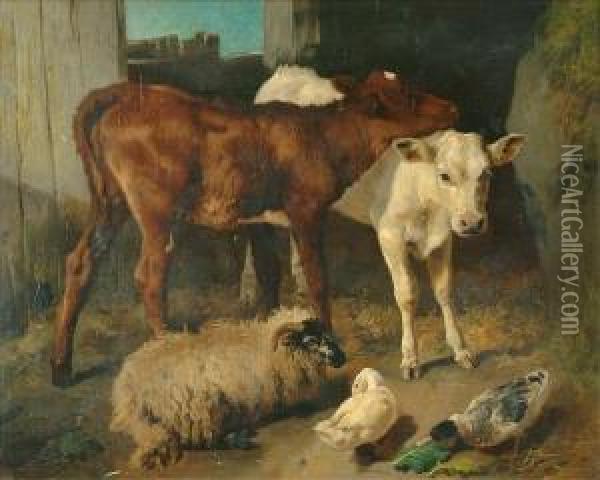 A Groupof Farm Yard Animals In The Stable Oil Painting - George W. Horlor