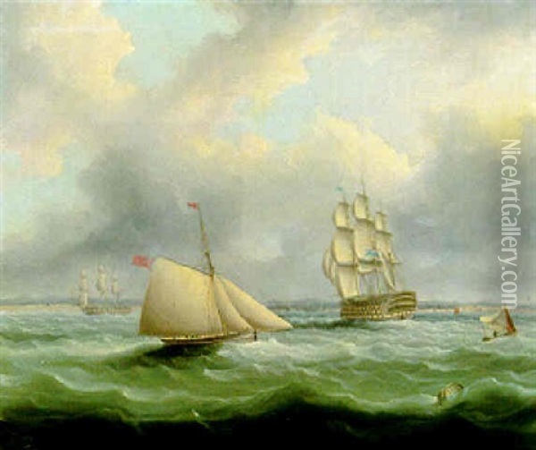 An Inbound Flagship Of The Blue Squadron And Other Naval Vessels In Plymouth Sound Oil Painting - Thomas Buttersworth