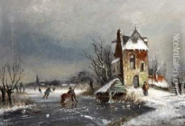 Winterslandschap Met Schaatsers Bij Een Toren Oil Painting - Louis Sierich