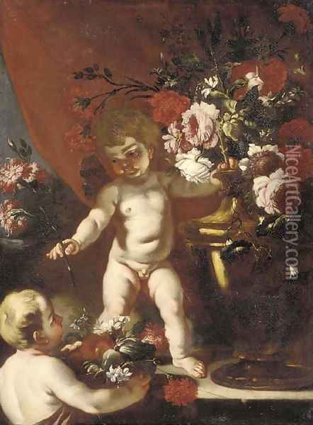 Putti with carnations, roses and other flowers in urns Oil Painting - Abraham Brueghel