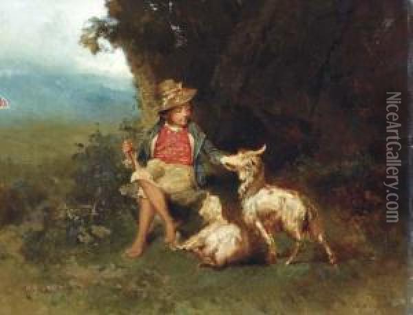 A Herder With A Goat And Kid In A Landscape Oil Painting - Wilhelm Kray