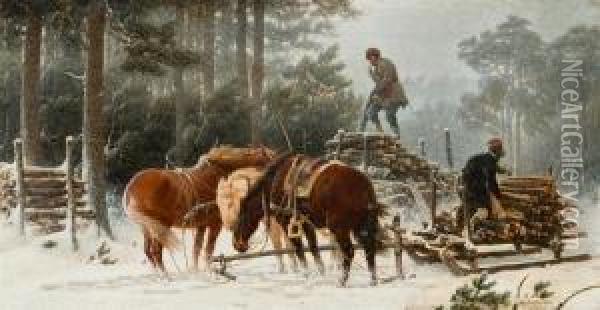 Wood Cutter In Winter Oil Painting - Arthur Johan Severin Nikutowski