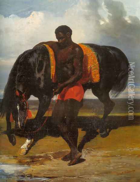 Africain tenant un cheval au bord d'une mer (African keeping a horse at the side of a sea) Oil Painting - Alfred Dedreux