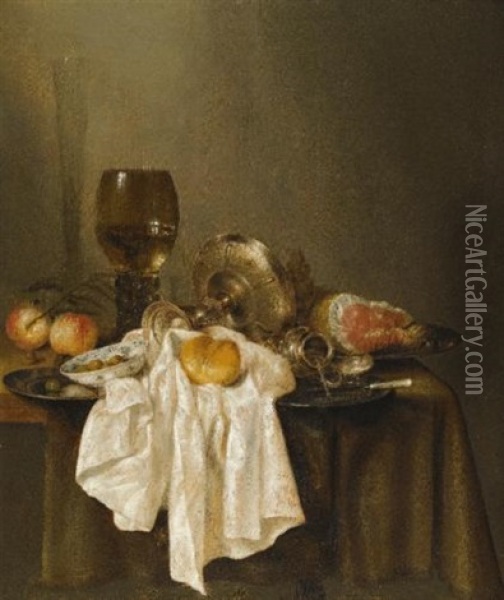 A Banketje Still Life With A Roemer, A Silver Tazza On Its Side, A Ham, Peaches, A Salt Cellar, A Bread Roll, And A White Cloth On A Partly Draped Table Oil Painting - Willem Claesz Heda