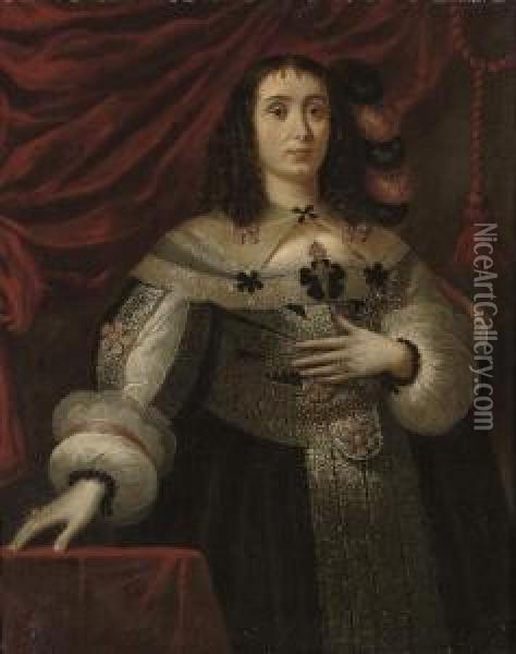 Portrait Of A Lady, 
Three-quarter-length, In A Black Dress With Silver Embroidery, Slashed 
Sleeves, And Black And Pink Bows, Ostrich Plumes In Her Hair, By A 
Draped Table Oil Painting - Carlo Ceresa