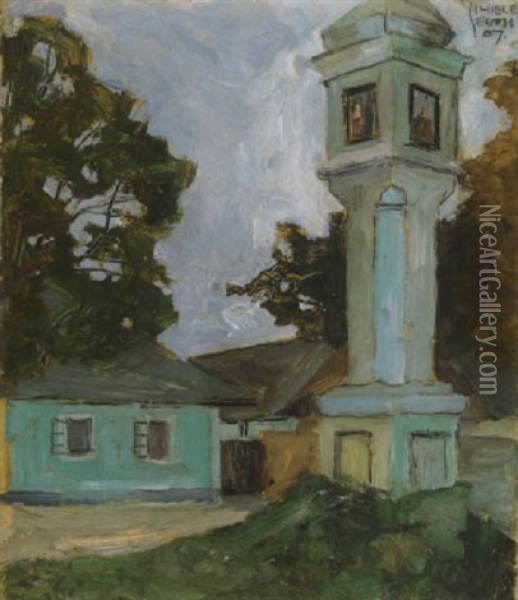 Bildstock, Hauser Und Baume Oil Painting - Egon Schiele