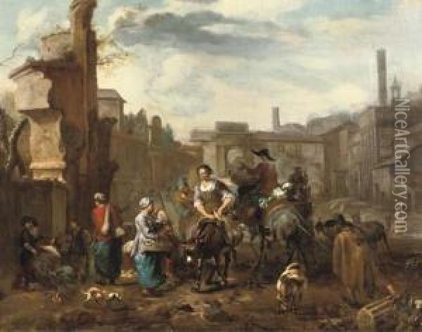 Marketeers On Mules And Other Figures Among Ancient Ruins In A Town Square Oil Painting - Hendrick Mommers