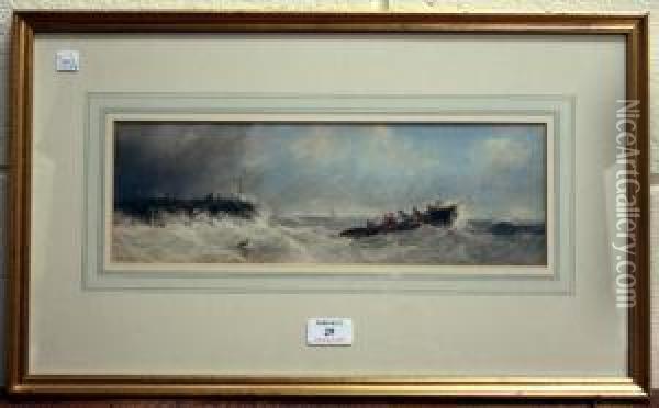 Figures In A Rowing Boat On Choppy Waters Near A Harbour Wall Oil Painting - Edward Tucker