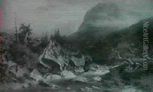 Gebirgsbach Zwischen Felsen Im Alpental Bei Sich Zusammen-  Brauendem Unwetter Oil Painting - Friedrich Wilhelm von Winterfeldt