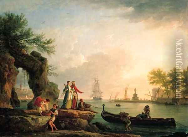 A Mediterranean port at sunset with a Levantine couple on an outcrop and fishermen unloading their catch Oil Painting - Claude-joseph Vernet