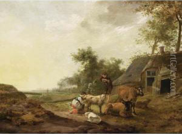 A Landscape With A Maid Milking A
 Sheep, A Shepherd Watching With Sheep And Cows, A Farm Nearby Oil Painting - Hendrick Mommers