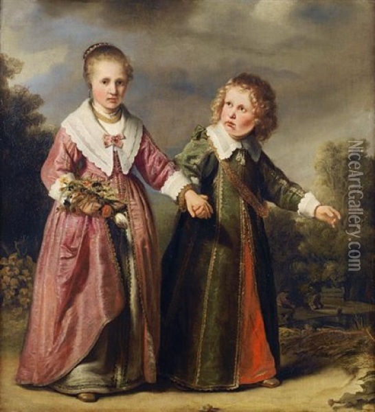 Portrait Of A Young Girl Holding A Posy Of Flowers And A Young Boy In A Landscape Oil Painting - Ferdinand Bol