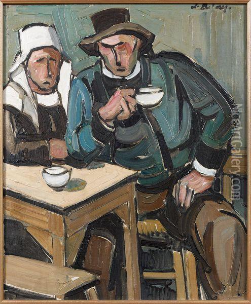 Couple De Bretons Buvant Du Cidre Oil Painting - Pierre De Belay