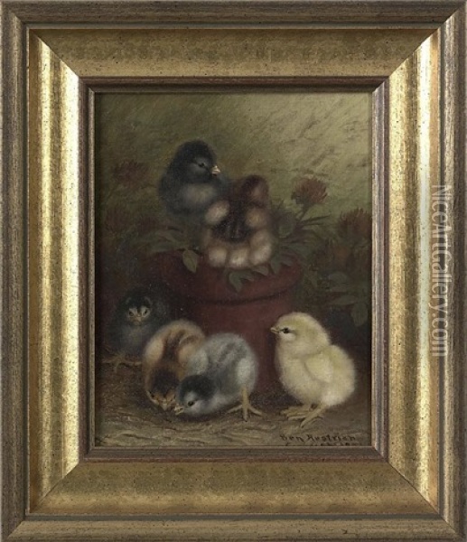 Six Chicks And A Flower Pot Oil Painting - Ben Austrian