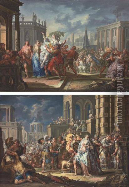 The Rape Of The Sabine Women; And The Intervention Of The Sabinewomen Oil Painting - Johann Georg Platzer