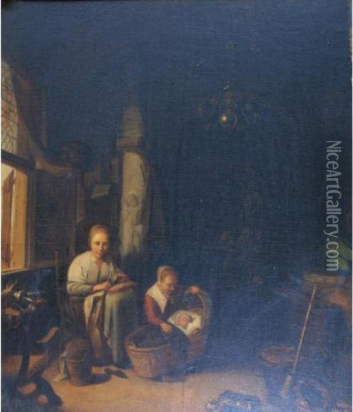 Domestic Interior With A Mother And Two Children Oil Painting - Adriaen Jansz. Van Ostade