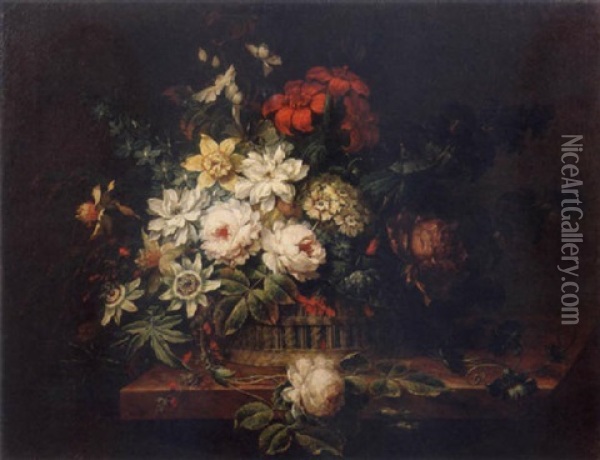 Roses, Narcissi, Passion Flowers, Delphiniums And Other Flowers In A Basket On A Stone Ledge Oil Painting - Johann Martin Metz