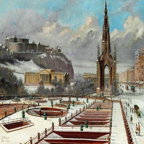 Winter Day In Edinburgh With The Scott Monument At Princess Street And Princess Garden Oil Painting - Fraser, James Baillie