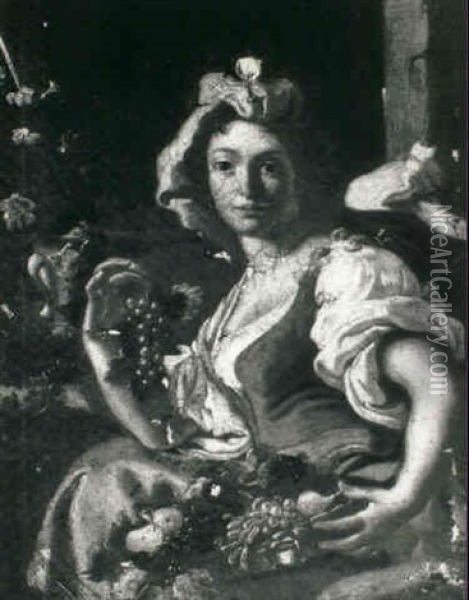 A Peasant Girl Seated, Holding A Bunch Of Grapes Oil Painting - Giuseppe Bonito