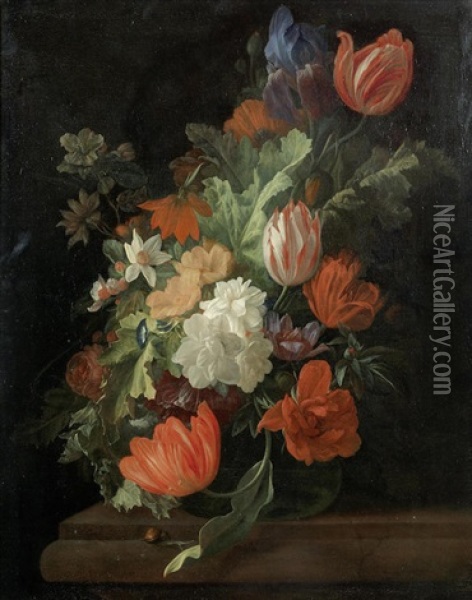 Tulips, Morning Glory, Narcissi And Other Flowers In A Glass Vase On A Stone Ledge Oil Painting - Elias van den Broeck