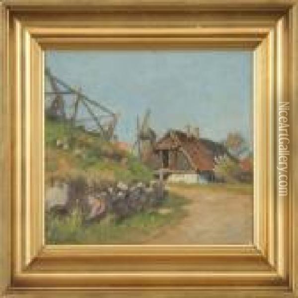 Landscape With Houses Andmill Oil Painting - Olaf Viggo Peter Langer