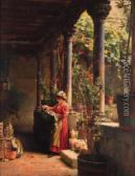 A Venetian Courtyard Oil Painting - Henry Woods