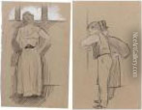 Two Drawings, Both Charcoal And White Chalk, Both Unframed Oil Painting - William Rothenstein