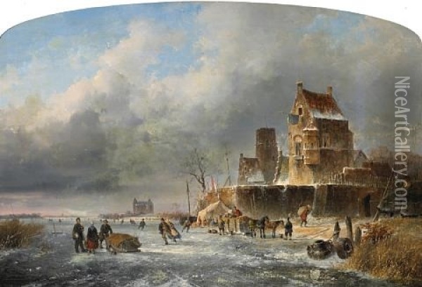 A Frozen River Scene With Figures Skating Oil Painting - Josefus Gerardus Hans