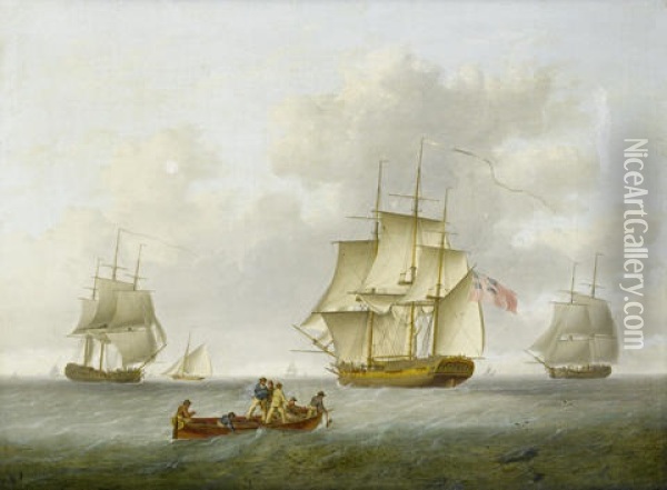Merchant And Naval Frigate Closing Offshore Oil Painting - William Anderson
