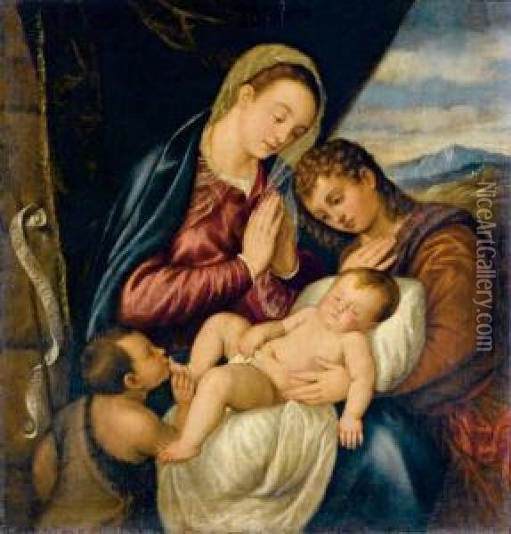Madonna Col Bambino, San Giovannino E Un Angelo Oil Painting - Francesco Vecellio