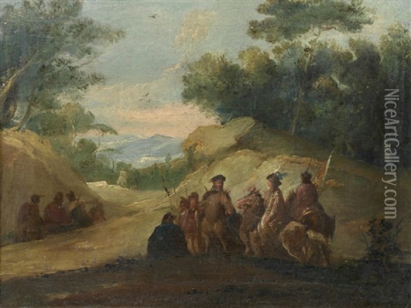 Travellers On A Country Path; And Soldiers In A Mountainous Landscape (2 Works) Oil Painting - Giuseppe Bernardino Bison