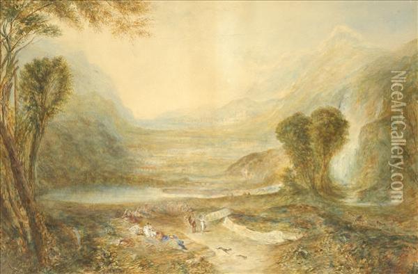 Follower Of Joseph Mallord William Turner Landscape With Hunting Party Oil Painting - Joseph Mallord William Turner