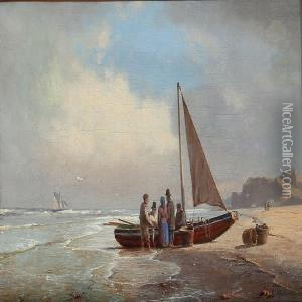Coastel Scene With A Fishingboat On The Beach Oil Painting - Carl Johan Neumann