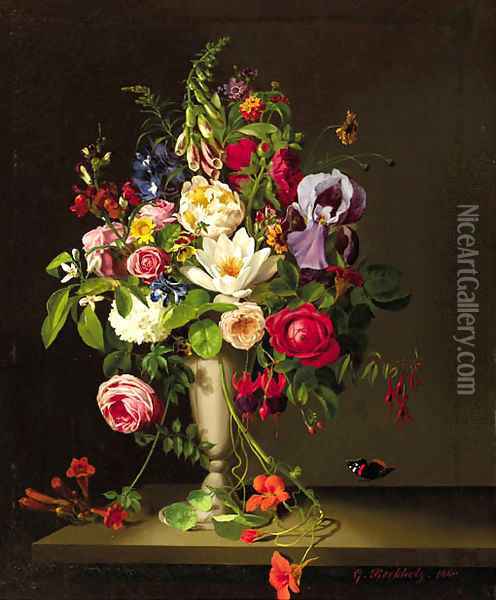 A bouquet with orange blossom, indian cress, roses, irisses and violets Oil Painting - Gustav Berkholz