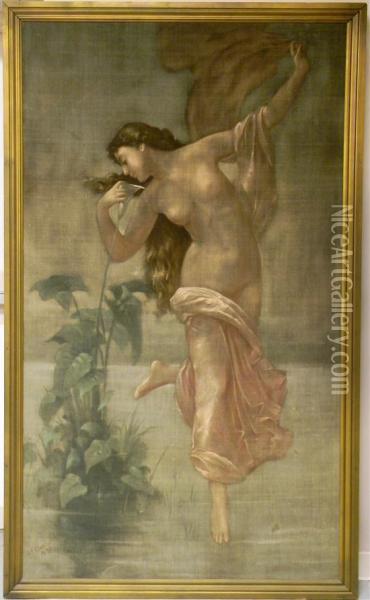 Semi Nude Woman In Forest Withlilies Oil Painting - J.F. Douthitt