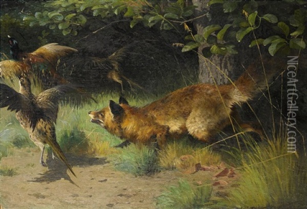 Fox Hunting Pheasants Oil Painting - Adolf Heinrich Mackeprang