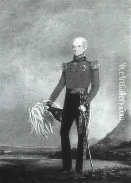 Portrait Of Sir Colin Campbell, Standing Full Length In     Staff Officer's Uniform Before A Coastal Landscape Oil Painting - William Salter