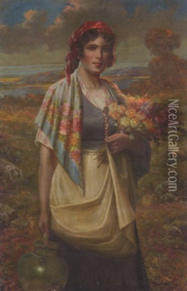 Jeune Fille Au Bouquet De Fleurs Dans Un Paysage Lacustre Oil Painting - Max Carlier