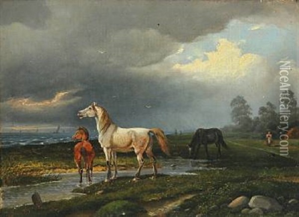 Landscape With Horses, A Storm Is Coming Oil Painting - Nordahl (Peter Frederik N.) Grove