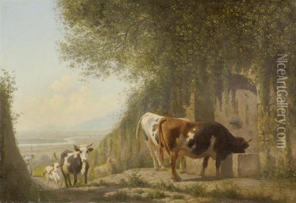Cows Watering Oil Painting - John Graff
