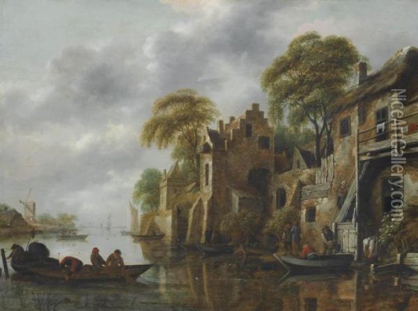 A River Landscape With Fishermen Loading Their Nets Oil Painting - Claes Molenaar (see Molenaer)