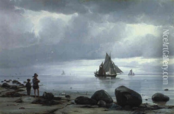 Gravejrsdag Ved Stranden. I Forgrunden Legende Drenge Oil Painting - Holger Henrik Herholdt Drachmann