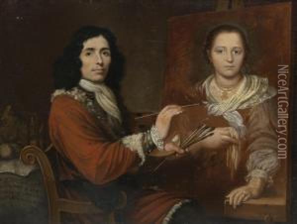 Self Portrait Of The Artist Painting His Wife Oil Painting - Giulio Quaglio I