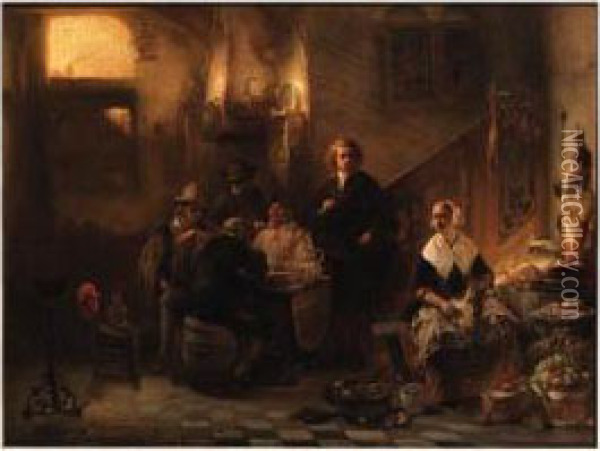 Backgammon Players In A Kitchen With Gentleman Admiring Akitchen-maid Oil Painting - Pieter Molijn