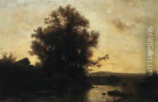 Flusslandschaft Im Abendrot Oil Painting - Gustave Eugene Castan