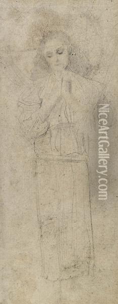 Weibliche Gestalt Mit Gefalteten Handen Und Heiligenschein Von Vorne Oil Painting - Gustav Klimt