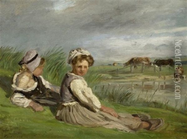 Zwei Schaferinnen Aus Der Normandie Auf Einer Wiese Oil Painting - Paul Huet