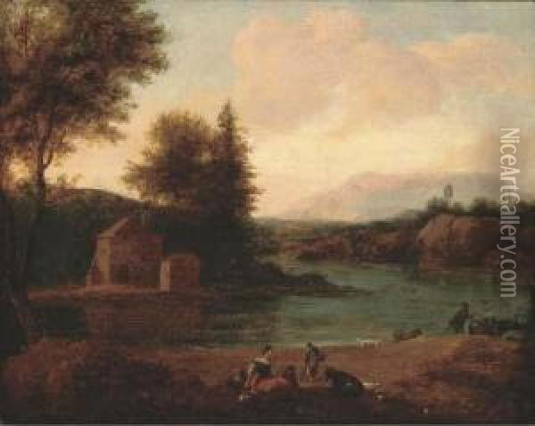 A River Landscape With Figures Resting On The Bank Oil Painting - Lodewyck van Ludick